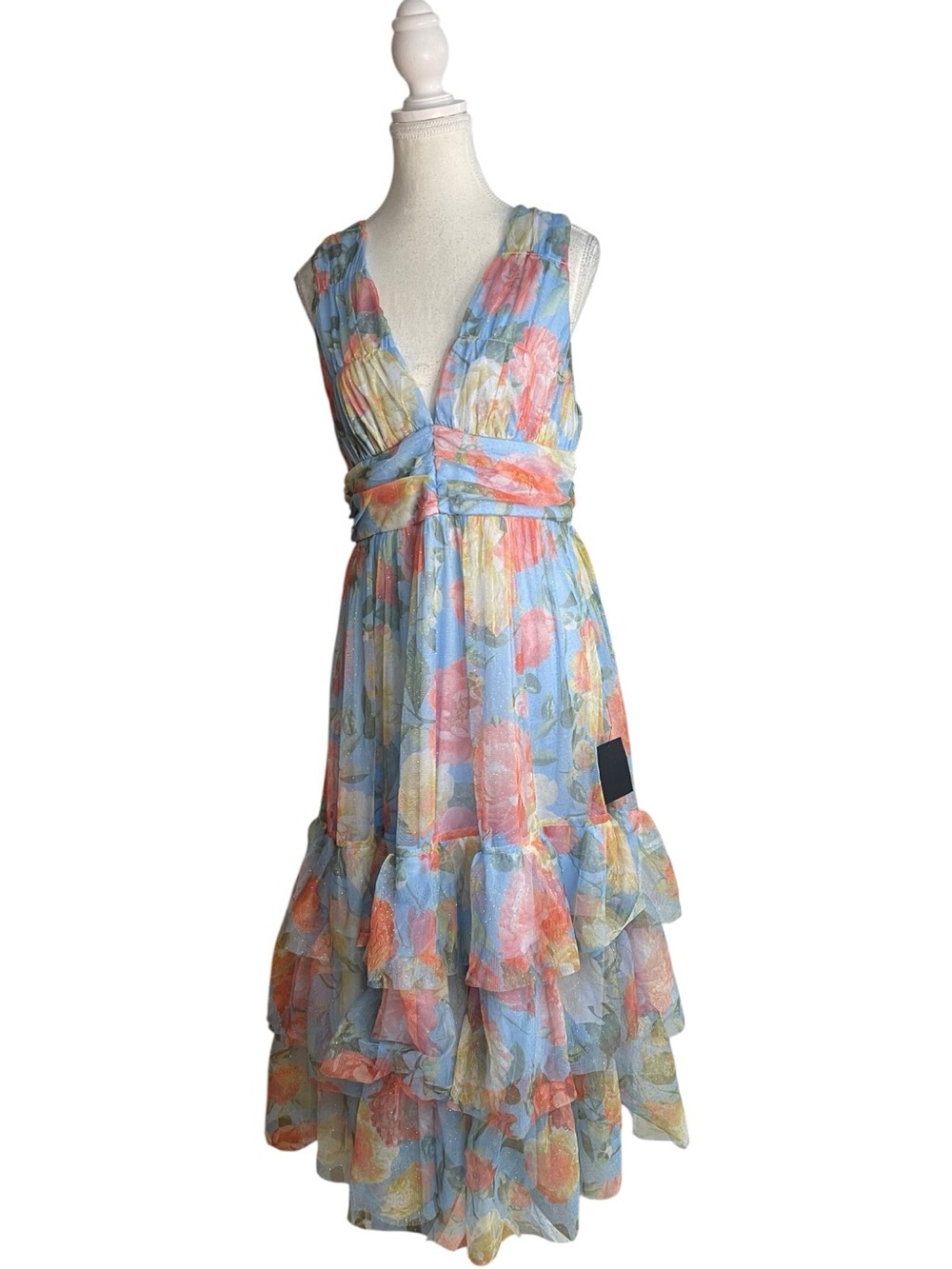 Lulus Perfectly Divine Tiered Ruffled Tulle Midi Dress Pastel Blue Floral